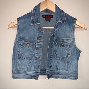 🆕 Vintage Y2K Jean Vest Blue Denim Junior’s Girl’s Small Gem Button  80s 90s
